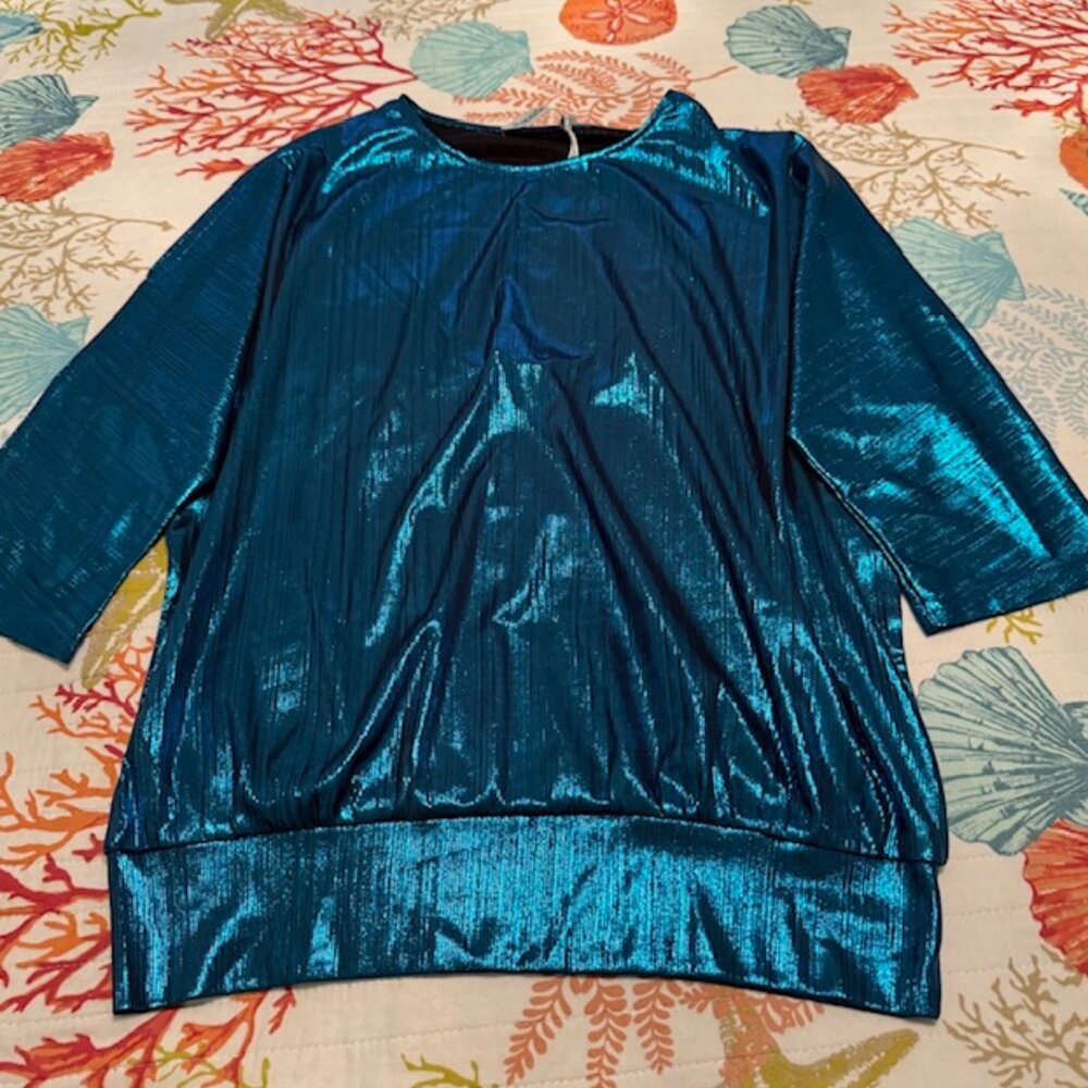 Jasambac -  Charming & Modern - Metallic 3/4 Sleeve Blouse - Blue - Size M